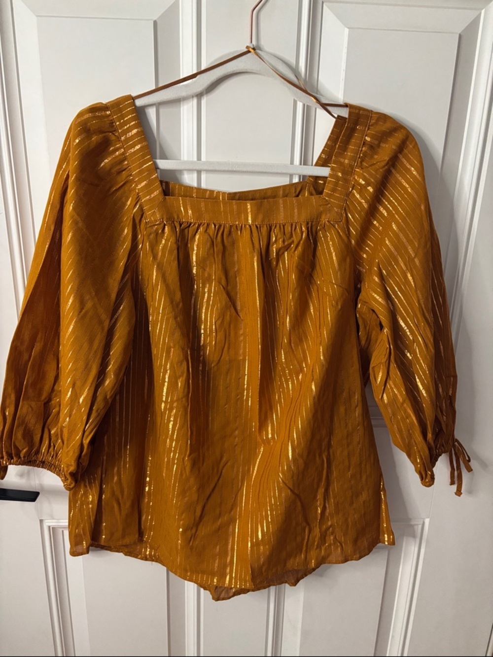 NWT LC Lauren Conrad Metallic Stripe Square-Neck Peasant Top in Mustard Gold